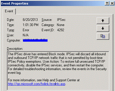 Ken Umemoto's vReality: Event ID: 4292 The IPSec driver has entered ...