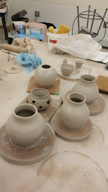 Wheel thrown ceramic / pottery pieces in progress.