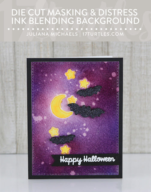 Die Cut Masking and Distress Ink Blending Spooky Night Scene Background by Juliana Michaels featuring Sunny Studio Halloween Cuties Stamps and Dies, Ranger Distress Ink and Zig Clean Color Real Brush Markers