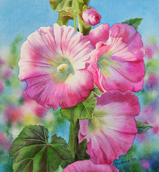 watercolor pink hollyhocks paintings painting hollyhock floral fox barbara flower flowers daily oil watercolors watercolours pinks roses radiant акварель солнце