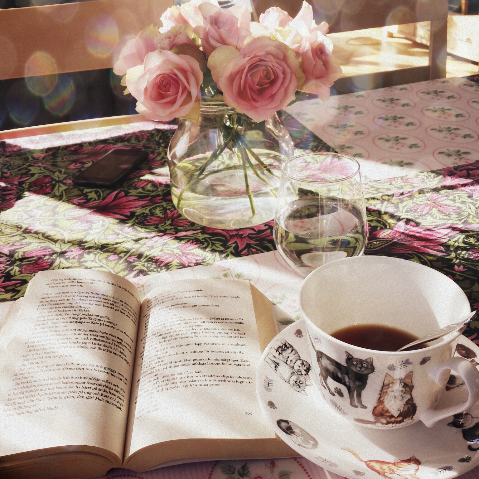 tea, book, bliss, roses, sunlight
