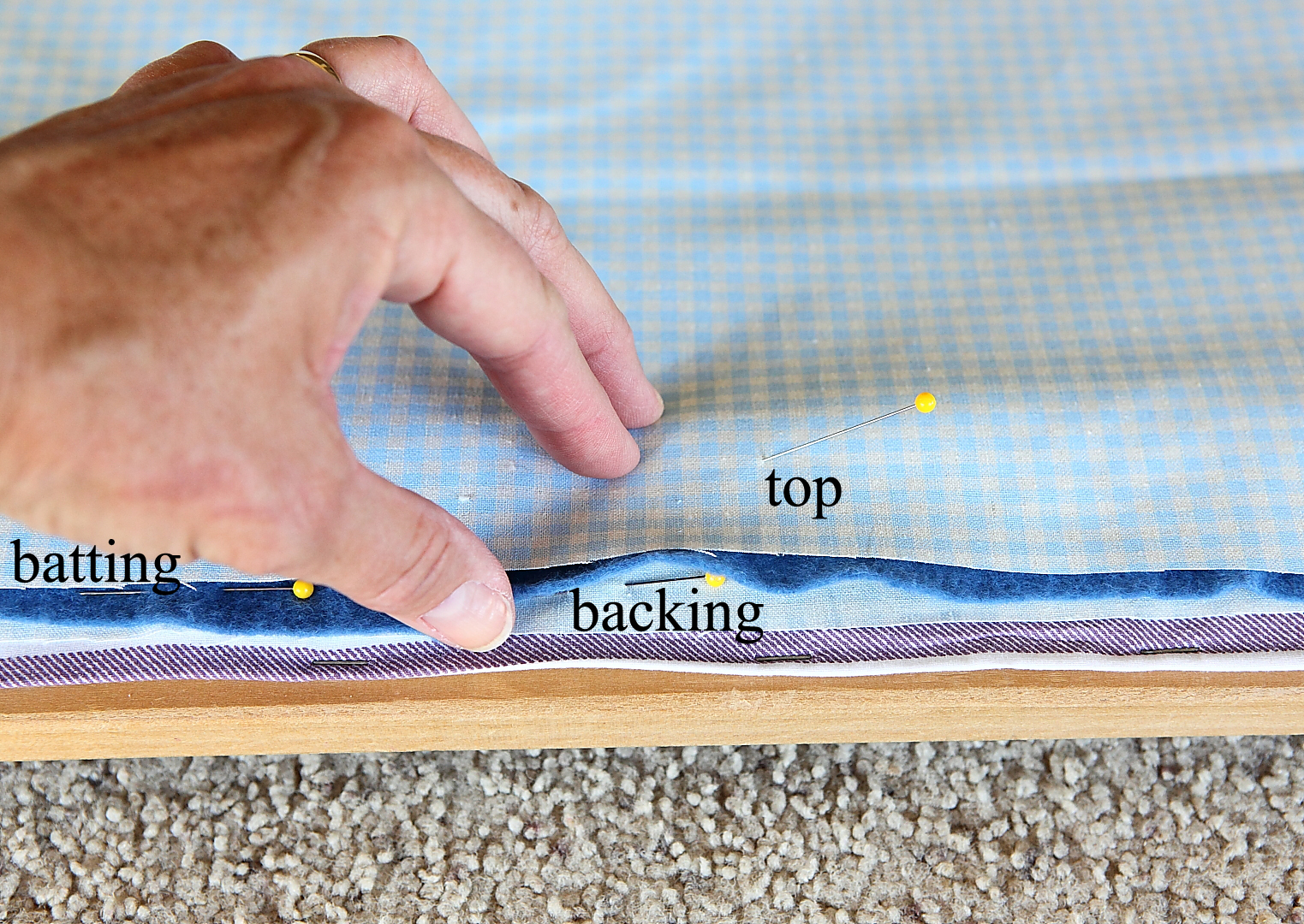 Sweet Petal Stitchery Attaching the Quilt to the Frame