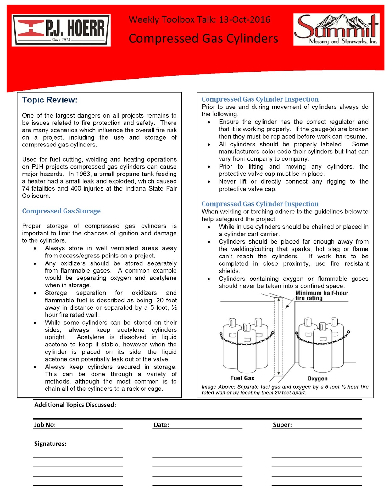P.J. Hoerr, Inc. P.J. Hoerr & Summit Masonry Weekly Toolbox Talk Compressed Gas Cylinders 2016