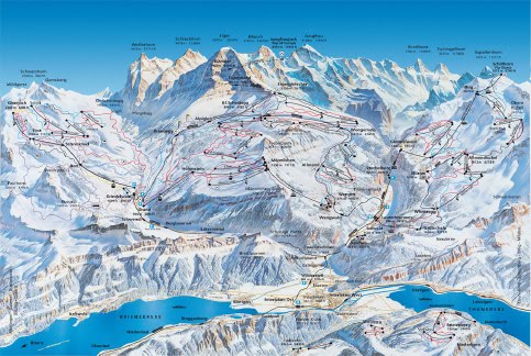 Panoramic Map of The Jungfrau Region - Wengen sits on a high plateau at 4,000 ft
