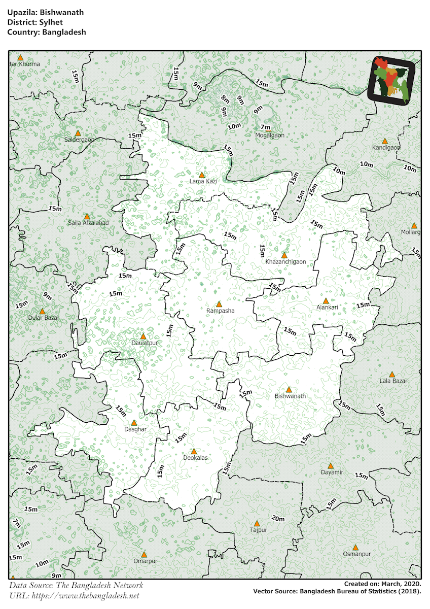 Bishwanath Upazila Elevation Map Sylhet District Bangladesh
