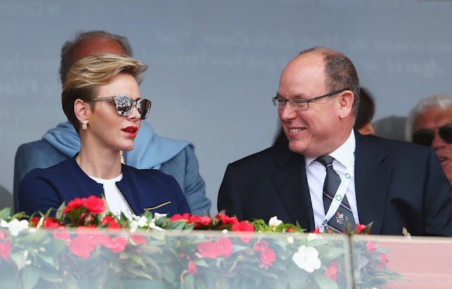 Prince Albert and Princess Charlene attended the awards ceremony of the Monte Carlo Rolex Masters. newmyroyals, new myroyals, new my royals, dress jeweler, diamond, princess charlene style