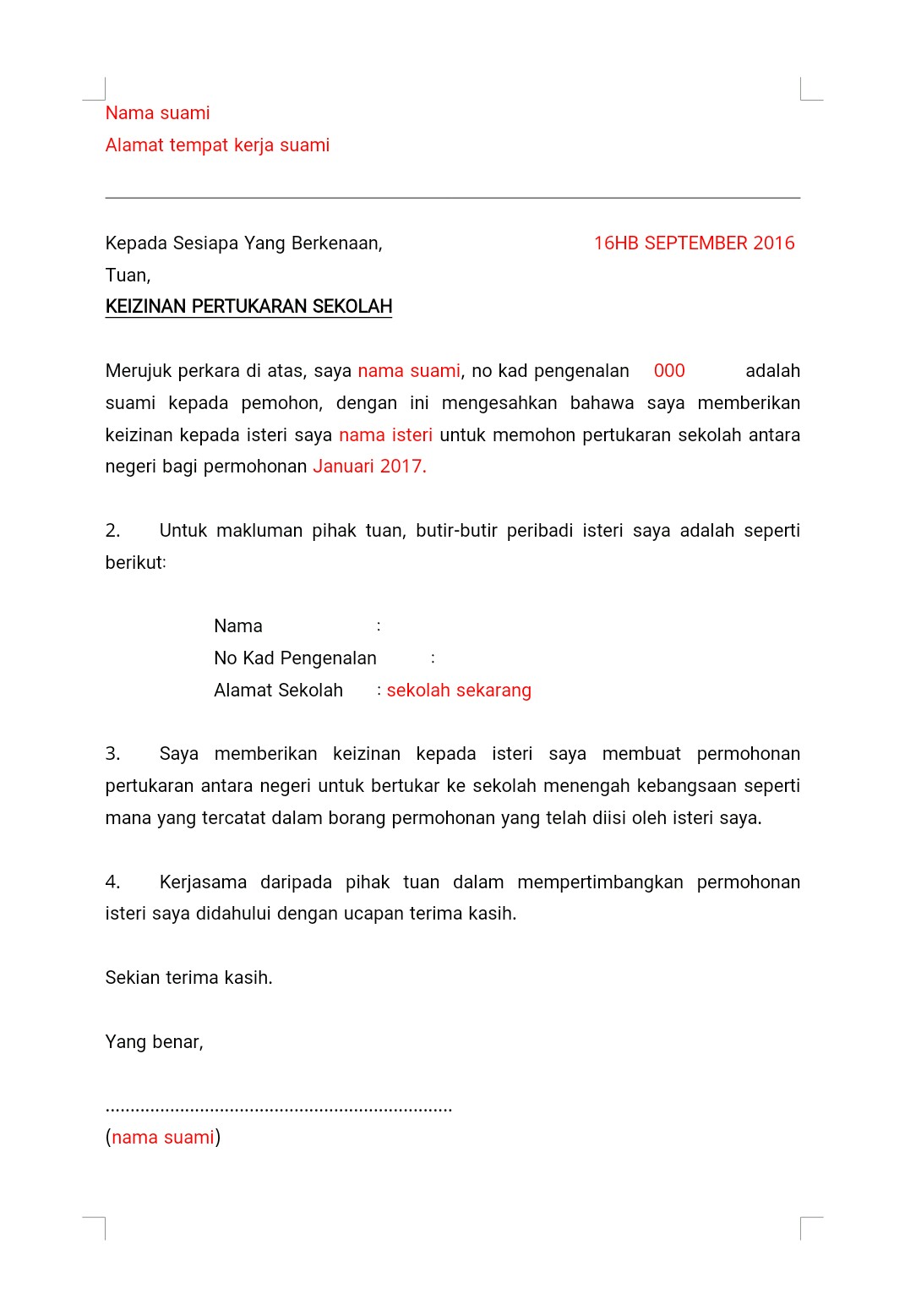 Contoh Surat Izin Suami Untuk Memohon Pertukaran Sekolah