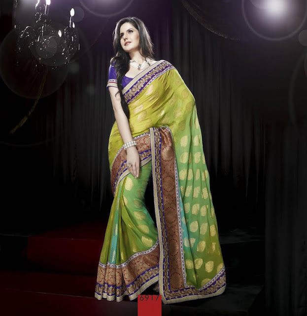 Shaded Green and Turquoise Jacquard Saree