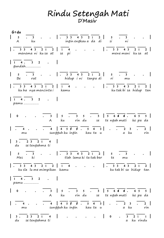 Not Angka Pianika Lagu Rindu Setengah Mati Dmasiv Not Angka