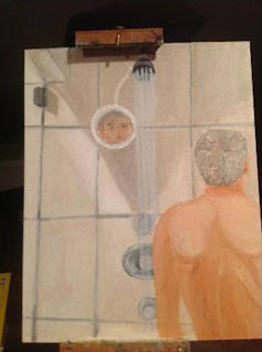 Painting of man in shower. Description follows in caption.