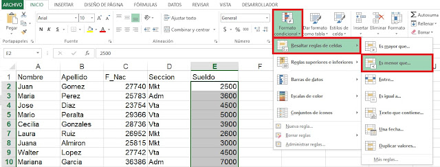 Resaltar reglas en Microsoft Excel