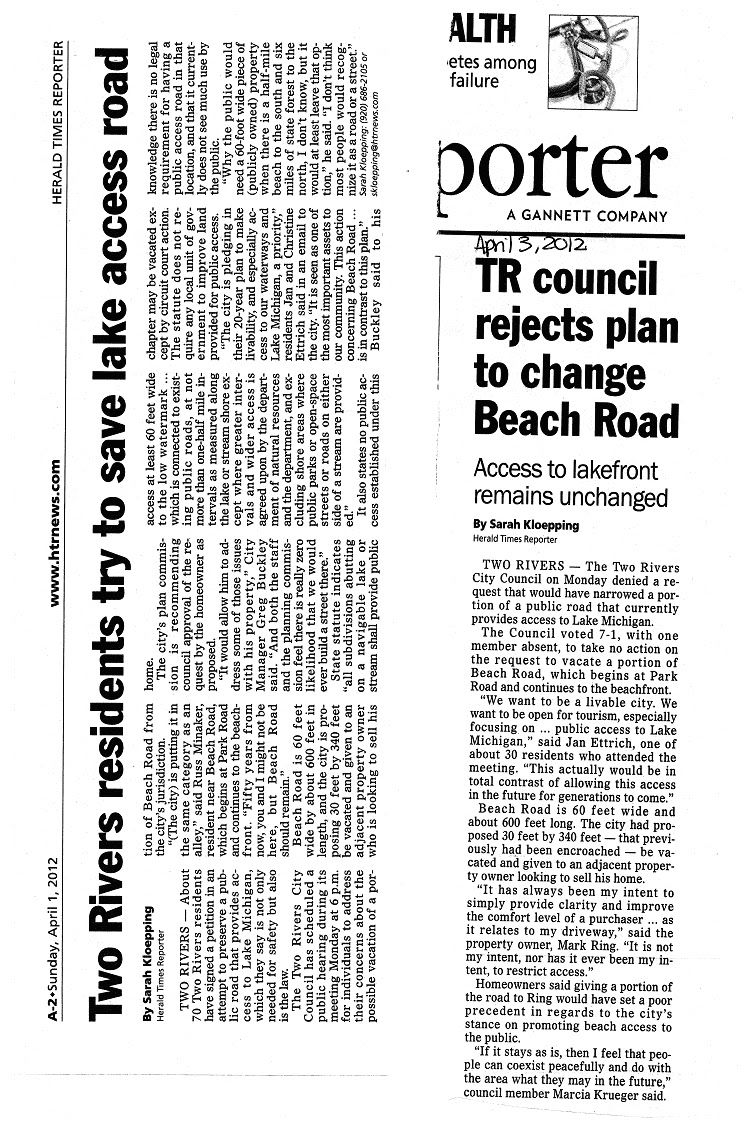 Friends of Beach Road, Two Rivers, Wisconsin History