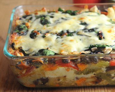 Roasted Veggie Enchilada Casserole ♥ KitchenParade.com, a Master Recipe, layers of roasted vegetables, salsa verde, corn tortillas and fresh spinach with a little cheese. One for dinner, one for the freezer.