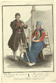 man stands mending net; seated woman spins yarn (coloured engravings of Dutch customs 1803)