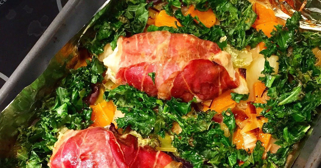 Traybake Roast Chicken with Pesto Stuffing, Parma Ham and Greens
