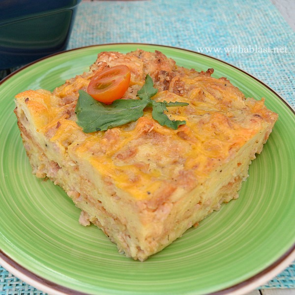 Make-Ahead Savory Bread Pudding Breakfast ~ Less than 20 minutes to prepare, cover up overnight {or at least 30 minutes!} and bake in the morning ~ Meaty, cheesy and delicious crusty sides #MakeAhead #Breakfast #ChristmasBreakfast www.withablast.net