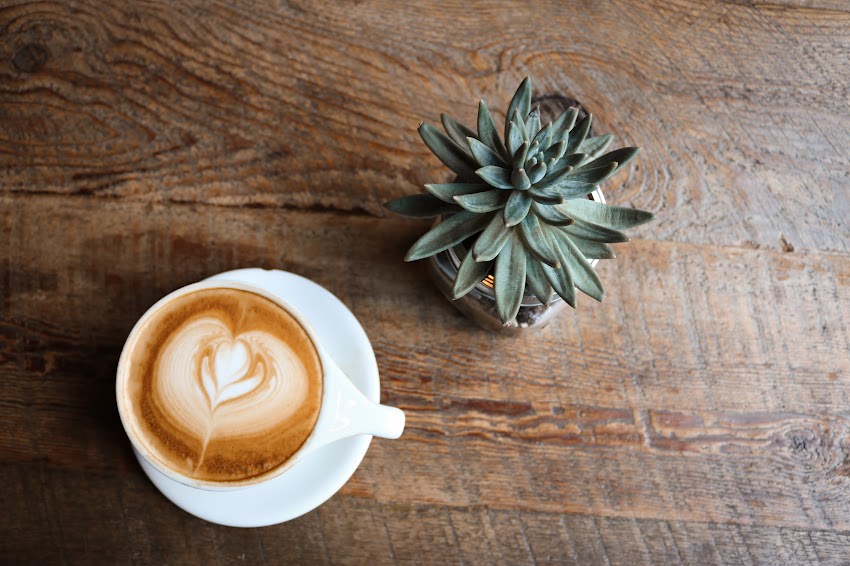 A Cup Of Coffee And Cactus On Wooden Table A Cup Of Coffee And Cactus On Wooden Table