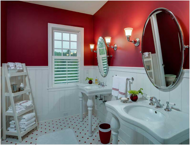 Klassisch-Rote-badezimmer-deko-Klassisches-Hex-Bodenfliesen-Muster-und-rote-Wände