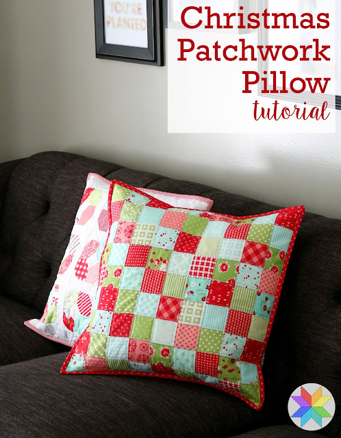 Christmas Patchwork Pillow tutorial by Andy of A Bright Corner - a fun and quick scrap fabric project