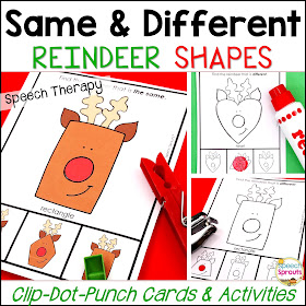 Teach the basic concepts of same and different with these fun Reindeer task cards in speech therapy this Christmas. It's interactive fun as a clothespin task, dot marker activity or hole punch the reindeer's nose! Includes a BW mini-book. #speechsprouts #speechtherapy #Christmas #speechandlanguage #sped #preschool