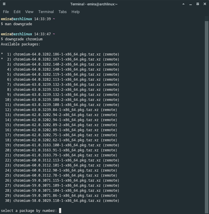 Cara menurunkan versi paket di Arch Linux (Downgrade) Emirar