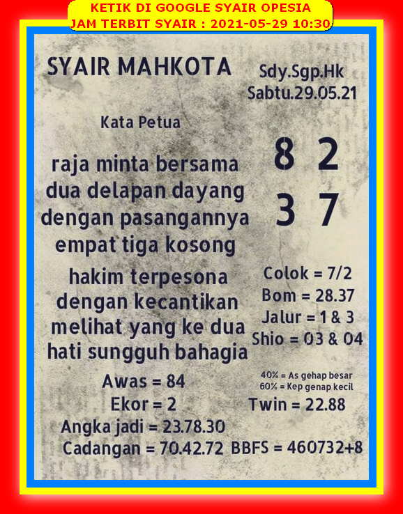 Syair Sdy Hari Ini Sabtu 29 Mei 2021 Opesia Official