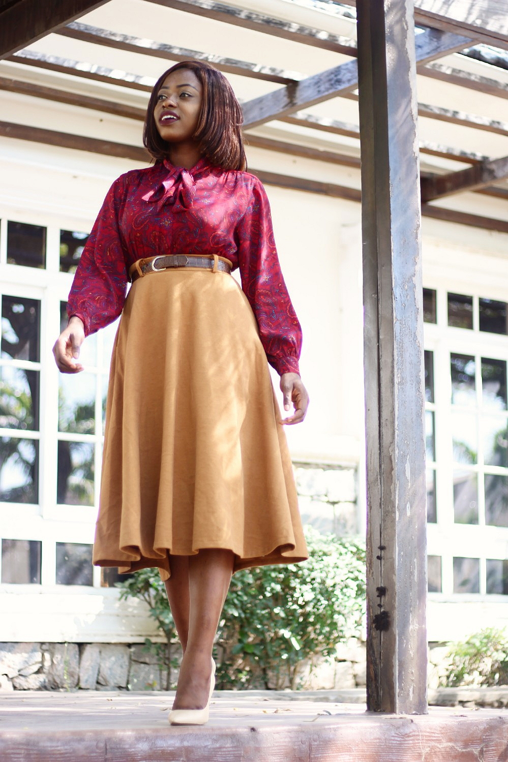 pussy bow blouse, camel, midi skirt, mustard, beige, puff sleeves