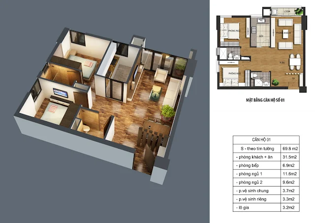 Thiết kế căn hộ 01 dt 69m2 với 02 phòng ngủ