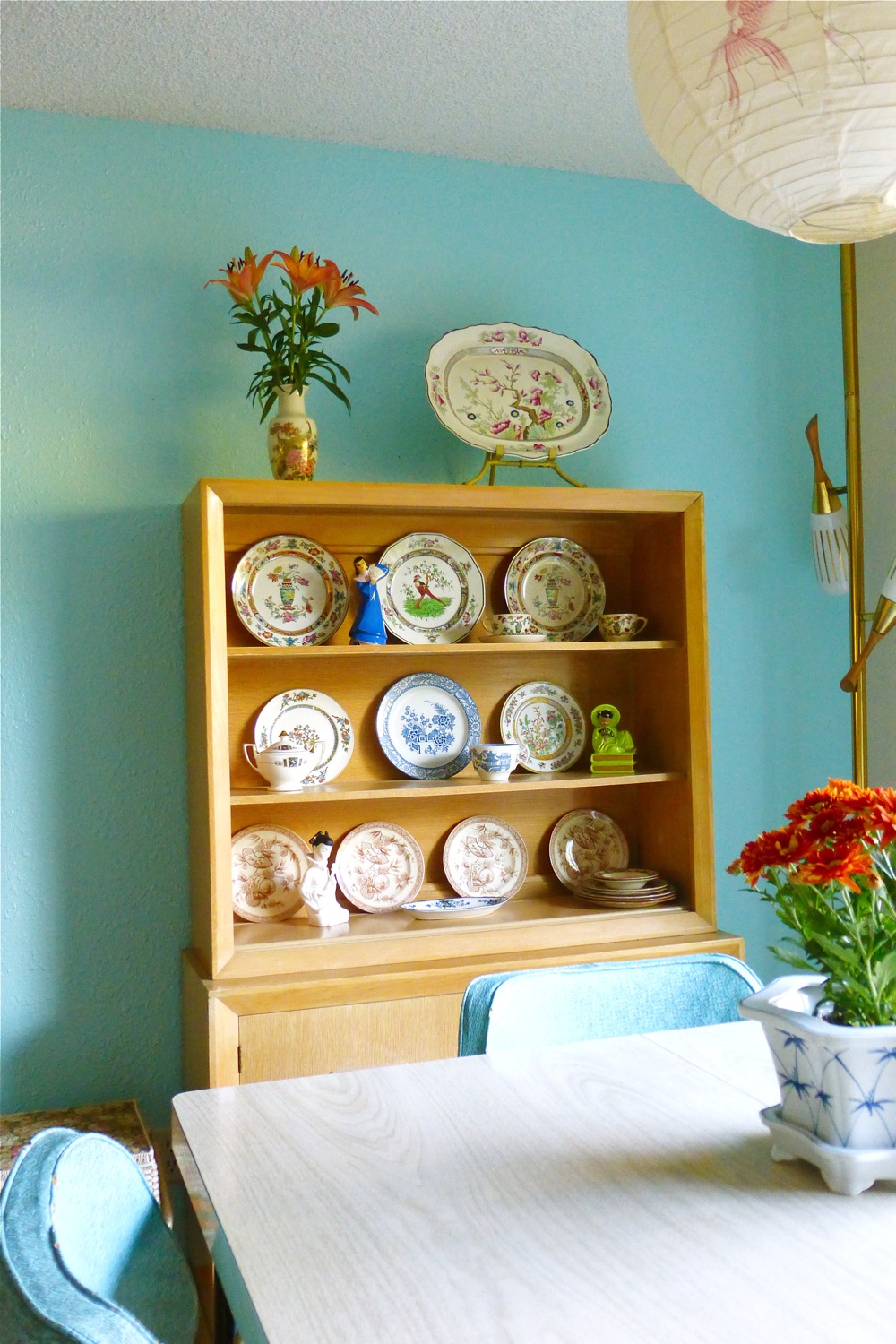Styling a James Mont Midcentury Chinoiserie Limed Oak Hutch with Antique Chinoiserie Revival Dish ware, Midcentury styling, antique chinoiserie dish ware, chinoiserie styling, 1880 Brownfield & Son, 1900 Royal Doulton Pekin, 1917 Wood & Sons Woods Ware Wincanton plate, 1917 Wood & Sons Woods Ware Canton teacup, 1917 Wood & Sons Woods Ware Mayfair platter, Klein ©49 asian Chinoiserie figurine, 1913 Johnson Bros Pareekware plate, 1920 Cleveland China sugar bowl, 1905 Foley Art China Peacock Pottery Indian Tree plate, midcentury asian girl with fan bookend figurine, 1880 Alaska H & R plates, 1950 Ardalt Lenwile China asian girl playing musical instrument figurine, 1862 Burgess & Leigh Indian Tree platter