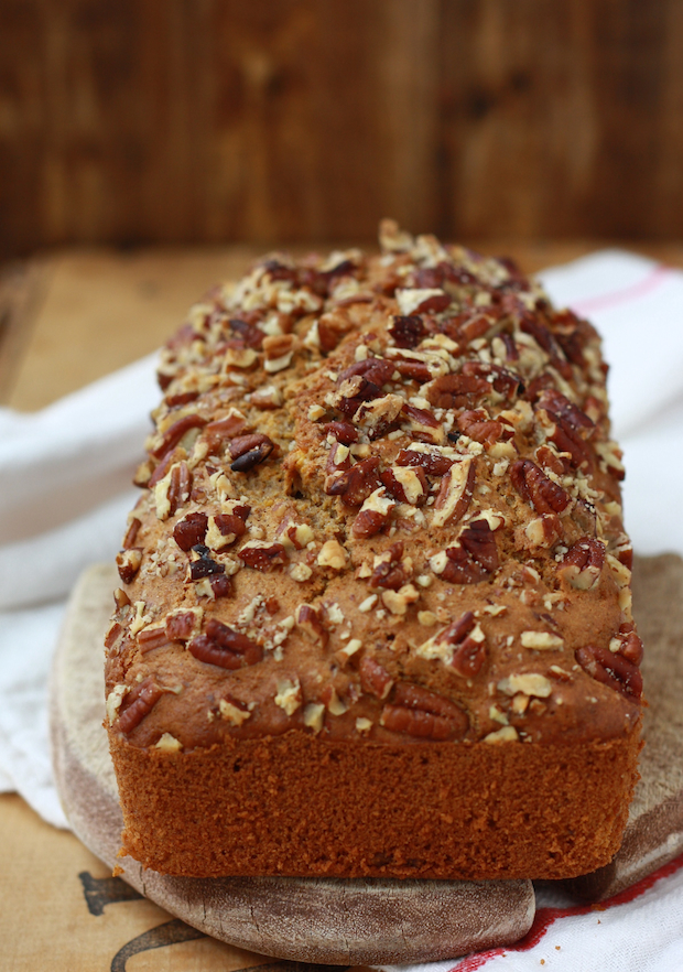 Pumpkin Bread recipe made with sunflower oil, greek yogurt and spices cinnamon, allspice, ginger and nutmeg