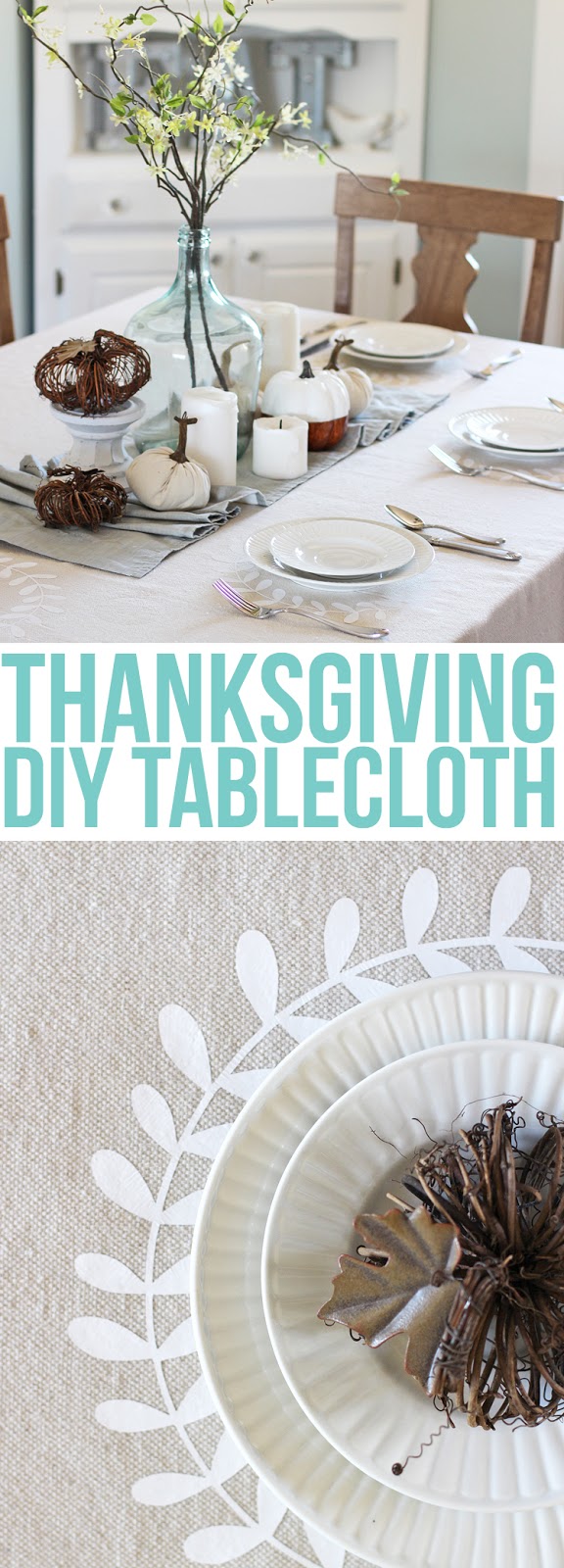 Make your own personalized tablecloth for Thanksgiving using iron-on craft vinyl and a canvas drop cloth. Farmhouse decor for Thanksgiving.