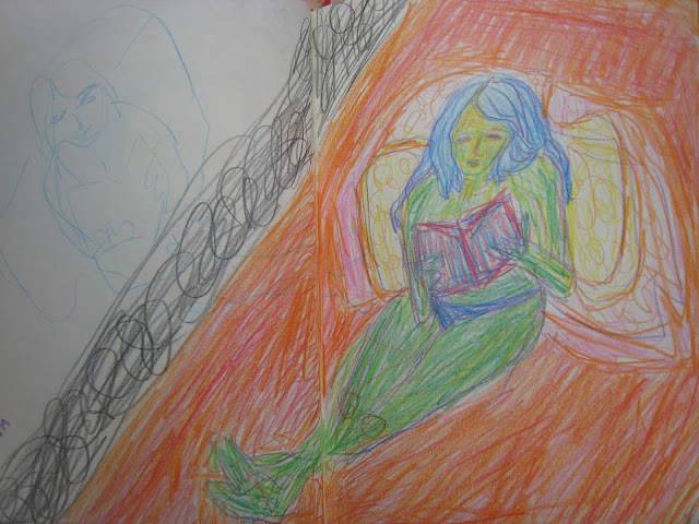 Dibujo de una mujer leyendo en la cama acompañada por la esencia de otro lector que está ausente pintado con lápices de colores, por Emebezeta