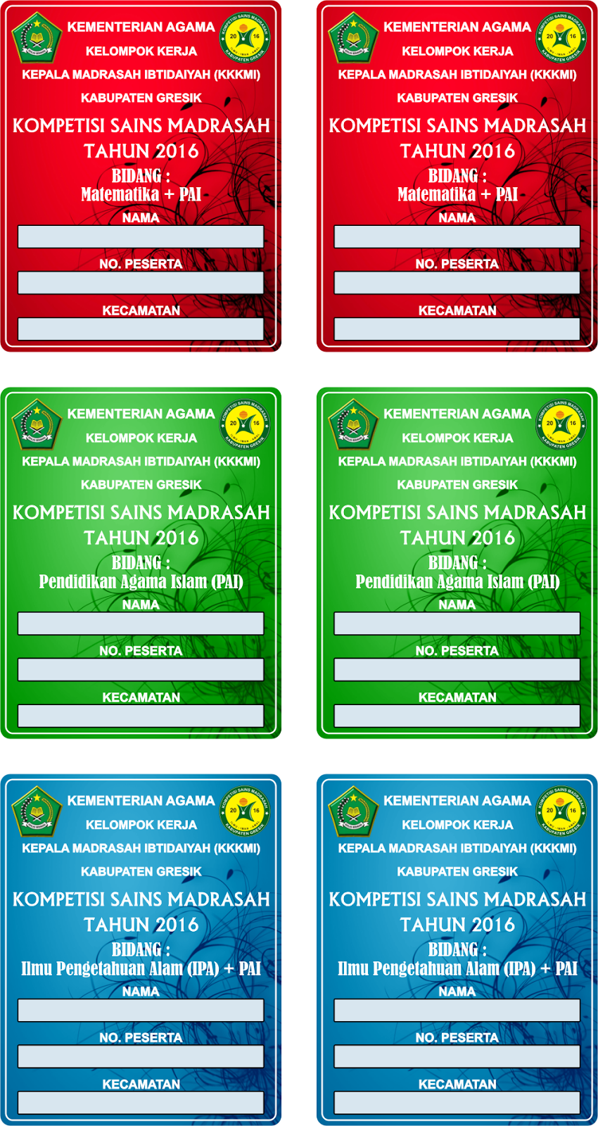 Desain Kartu Peserta Kompetisi Sains Madrasah Ksm Kabupaten