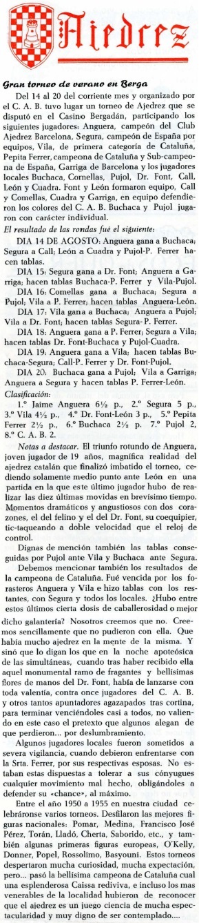 IV Torneo de Ajedrez de Berga 1954 en un recorte de prensa