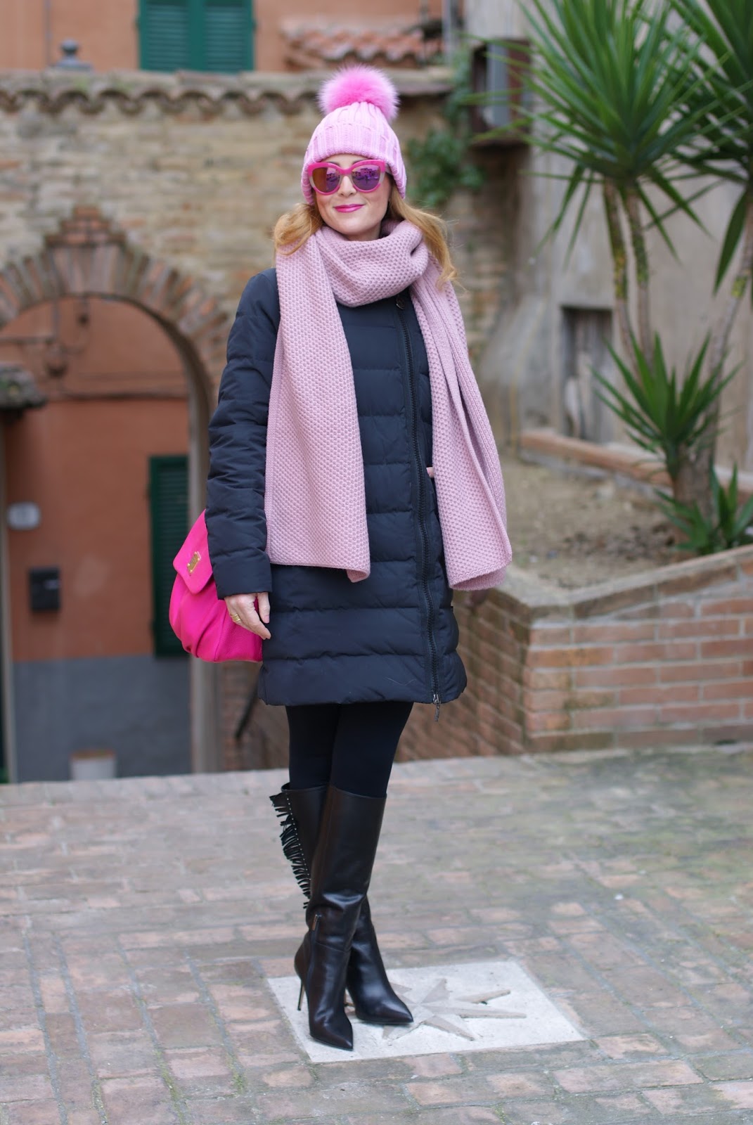 Pink scarf and hat and Moncler jacket on Fashion and Cookies fashion blog, fashion blogger style
