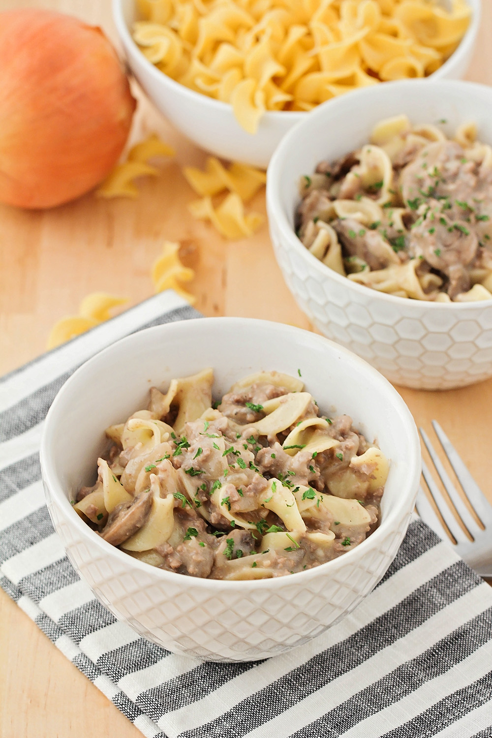 This delicious and simple hamburger stroganoff is ready in under thirty minutes, and the perfect meal for a busy weeknight!
