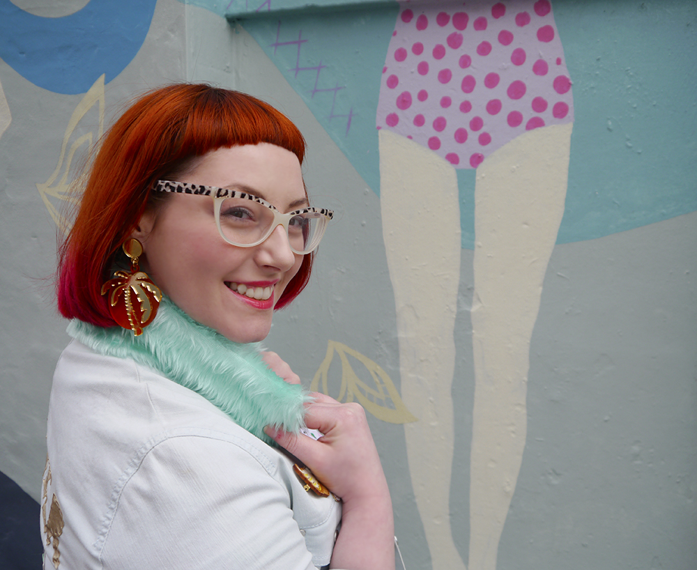 Tropical Lou Taylor Statement Earrings Styled by Helen, Wardrobe Conversations, Scottish Blogger, Edinburgh Blogger, Dundee Blogger, red head, ginger bob, Spex Pistols glasses, leopard print glasses, customised denim jacket, mint fur collar, Monki prints, Monki tshirt, Monki x Lynnie Zulu, Lynnie Zulu for Monki, River Island white lace up shoes, Rockcakes brooch, Rock Cakes pin badges, personalised denim jacket, Lucky Dip pins, milkshake with sprinkles, Roller Shakes, Blog Birthday, Style Diner, Kate George Mural Edinburgh, wall art Edinburgh, Edinburgh South side, Lou Taylor, tropical earrings, skinny dip london milk bag, novelty bag, milk bag
