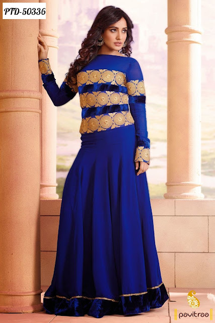 Wedding and New Year Neha Sharma blue santoon anarkali salwar suit 2015 2016 online at lowest price at pavitraa.in