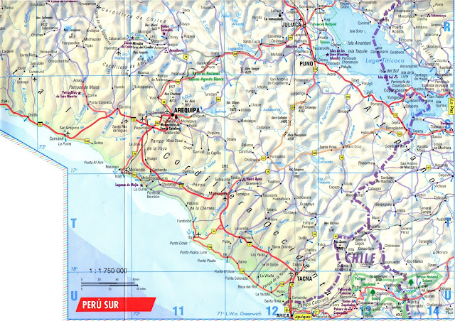 Mapa rodoviário do Sul do Peru