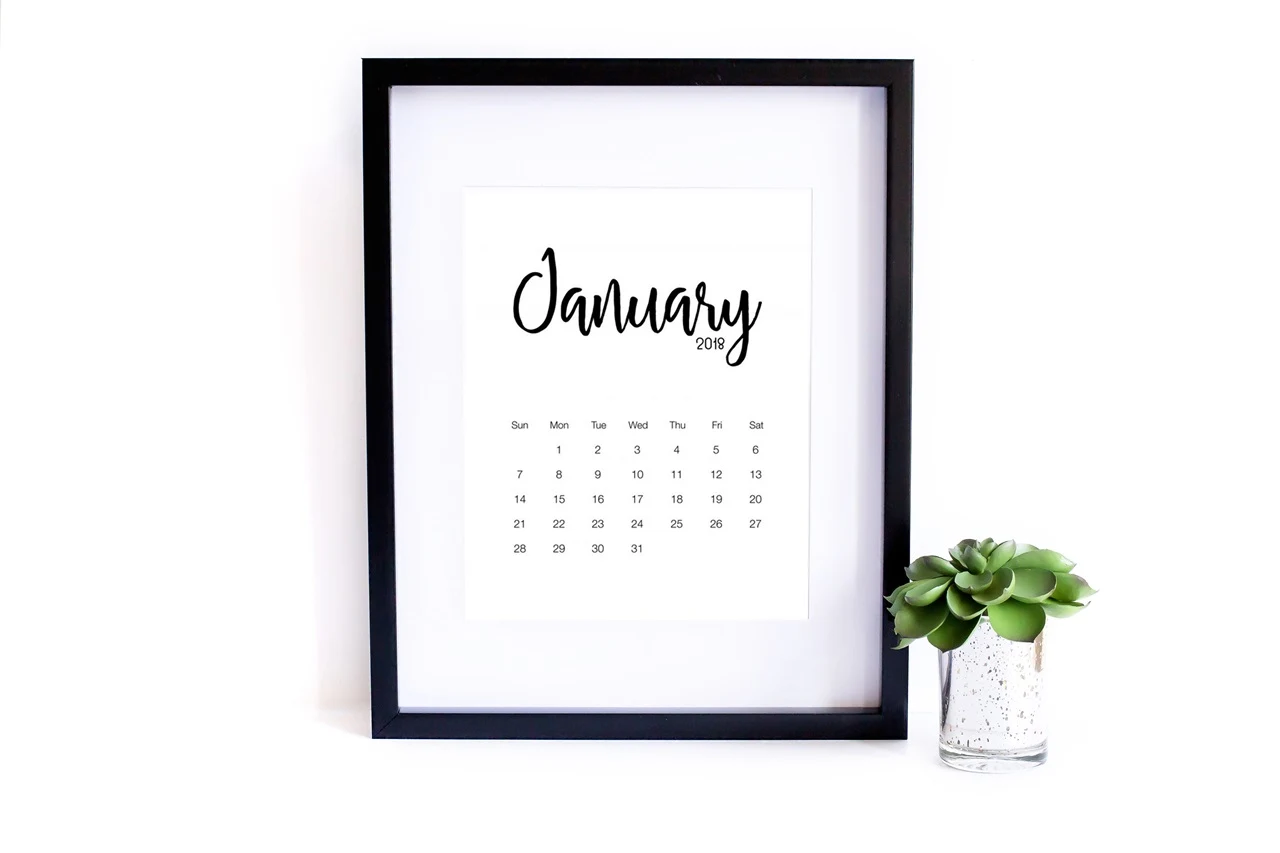 minimalistyczny kalendarz 2018 w wersji angielskiej 