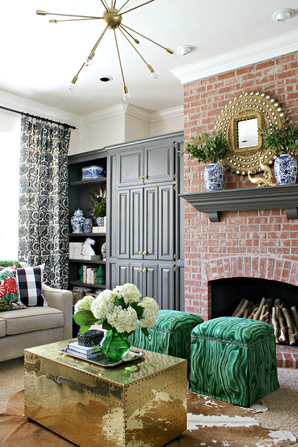 Urbane Bronze, painted oak cabinets, living room shelves, family room cabinets