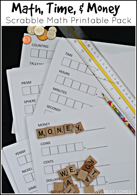 Math themed Scrabble math printable pack for kids to practice spelling words about money, time, and shapes from And Next Comes L