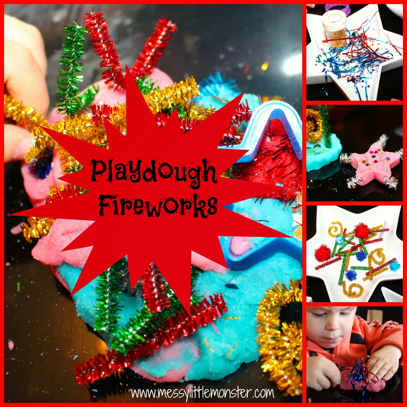 Playdough firework activity for toddlers and preschoolers. Great bonfire night or new years eve kids activity idea.