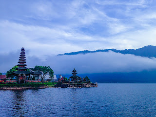 Blue Shine Scenery Of Ulun Danu Temple In The Morning With Mountain Lake Bratan At Bedugul, Tabanan, Bali, Indonesia