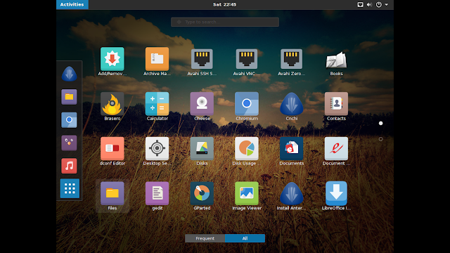Gnome Box virtualizando um sistema Antergos sendo virtualizando no Gnome Box
