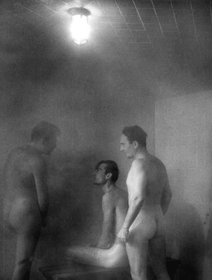 Sexy nude woman in steam room naked back artistic black and whit throw pill...