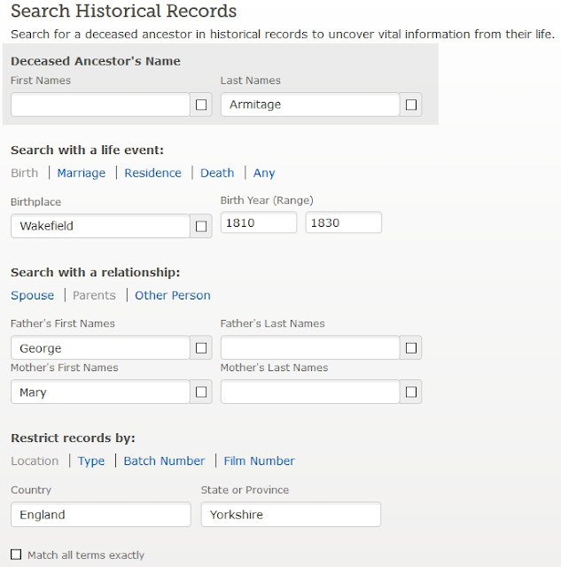 FamilySearch search screen for Armitage