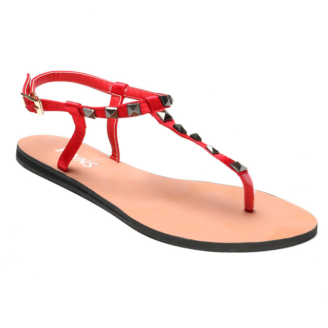 Red T-bar Design Studded Embellished Flat Sandals