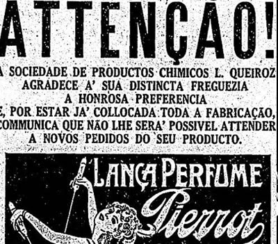 Propaganda do Lança Perfumes Pierrot que faltou no mercado durante o carnaval de 1931.