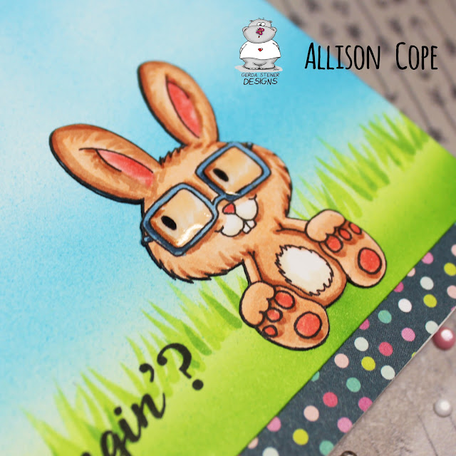 How's it Hanging? card by Allison Cope featuring the Gerda Steiner Designs digital stamps "Monkey Hanging in There" & "Bunny with Glasses". Copic Markers.